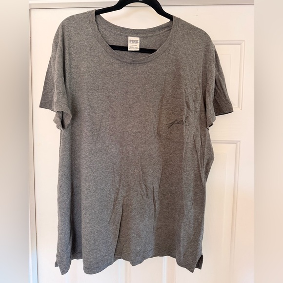 PINK Victoria's Secret Gray Tee with Pastel Letters and Black Sequins Size L - Picture 2 of 4